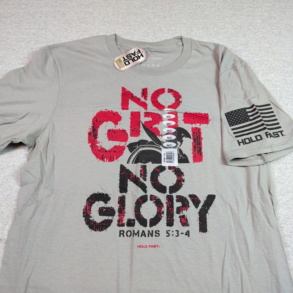Hold Fast Mens No Grit No Glory Romans 5:3-4 Christian T-Shirt Gray KHF3498MD MD